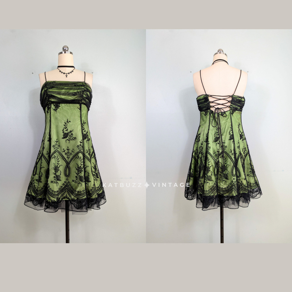 Vintage Prom Dress Mini Gown 12 Green Black Corset Lace Y2K Fairy Goth Hoco Glam